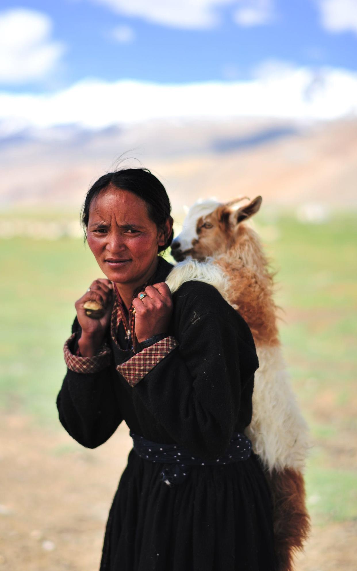 A Changpa nomadic lady carries a much-prized baby goat - DAVID DE VLEESCHAUWER