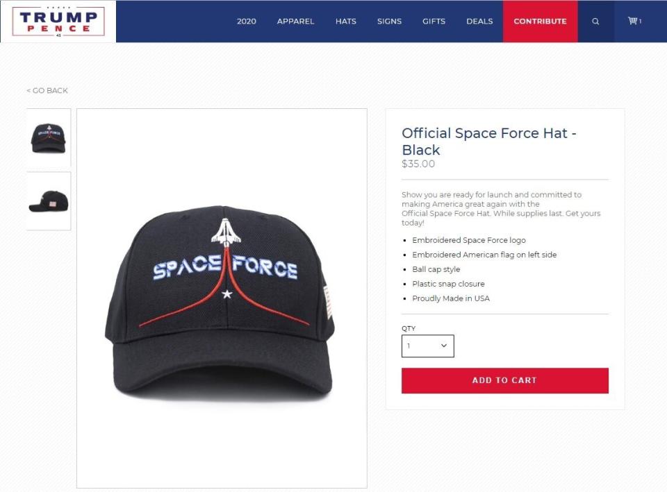 The Trump campaign began selling "Space Force" branded gear before the the Defense Department even formalized a plan to implement Trump's idea. (Photo: Donaldjtrump.com)