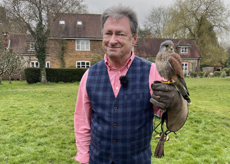 Alan Titchmarsh holding a Kestrel at Manor Farm. (ITV)