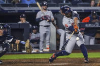 Houston Astros' Jose Altuve fouls off a pitch before striking out in the fifth inning of the team's baseball game against the New York Yankees, Friday, June 24, 2022, in New York. (AP Photo/Bebeto Matthews)
