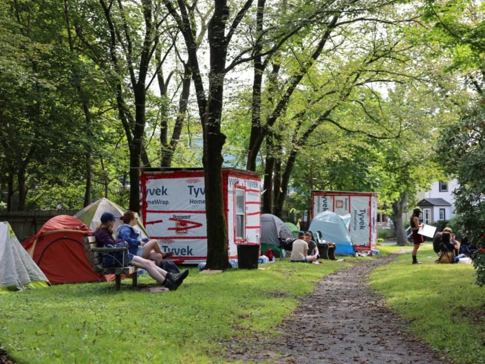 Two wooden emergency shelters stand among tents at a homeless encampment in Halifax's Meagher Park in August. (Jeorge Sadi/CBC - image credit)