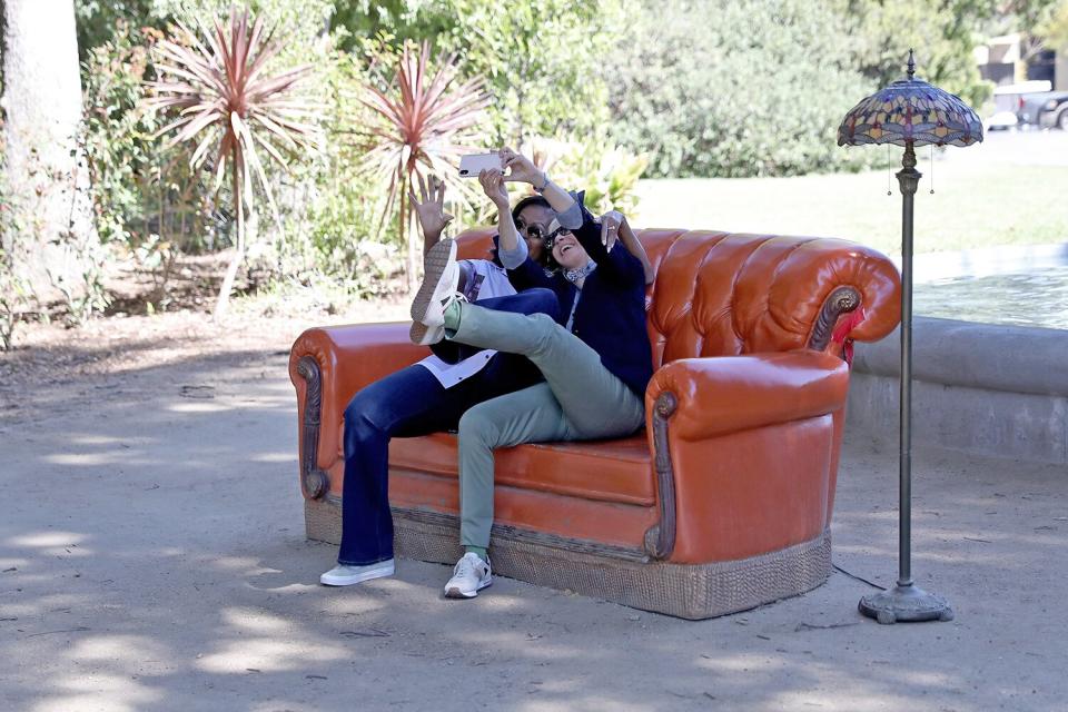 Michelle Obama and Ellen DeGeneres are seen during a taping of "The Ellen DeGeneres Show" at the Warner Bros. lot in Burbank, Calif.