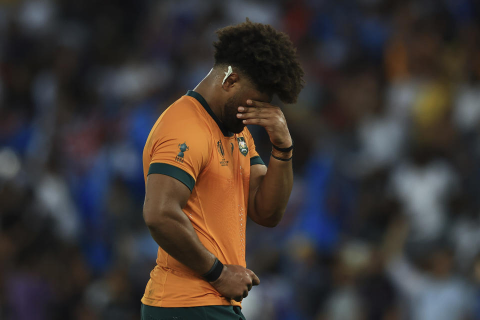 Australia's Rob Valetini reacts after the Rugby World Cup Pool C match between Australia and Fiji at the Stade Geoffroy Guichard in Saint-Etienne, France, Sunday, Sept. 17, 2023. (AP Photo/Aurelien Morissard)