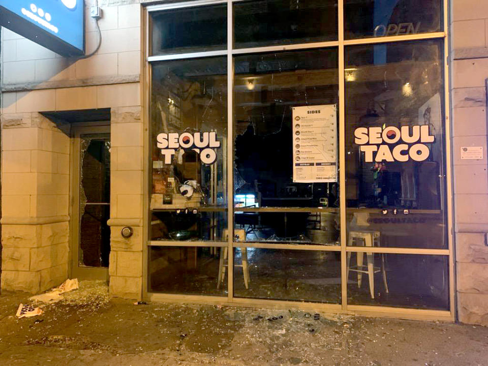 Vandals broke into a Downtown Chicago branch of Seoul Taco, a Mexican Korean fast food chain, on May 30, 2020, shattering windows and stealing the cash register. (Seoul Taco)