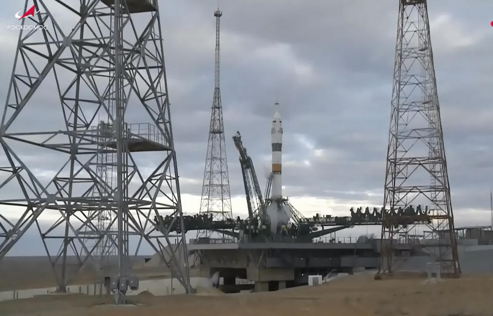 In this photo taken from video released by Roscosmos space corporation, the Soyuz-2.1a rocket booster with Soyuz MS-25 space ship carrying a new crew to the International Space Station, ISS, stands at the launch pad after cancellation of the launch at the Russian leased Baikonur cosmodrome, Kazakhstan, Thursday, March 21, 2024. Russia's Roscosmos space agency has aborted the launch of three astronauts to the International Space Station about 20 seconds before they were scheduled to lift off. Officials say the crew is safe. The Russian Soyuz rocket was to carry NASA astronaut Tracy Dyson, Oleg Novitsky of Roscosmos and Marina Vasilevskaya of Belarus from the Russia-leased Baikonur launch facility in Kazakhstan. (Roscosmos space corporation via AP)