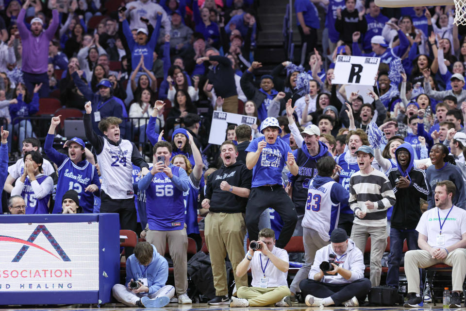 Feb 24, 2024; Newark, New Jersey, USA; Seton Hall Pirates fans reacts after a basket during the second half against the Butler Bulldogs at Prudential Center. Mandatory Credit: Vincent Carchietta-USA TODAY Sports