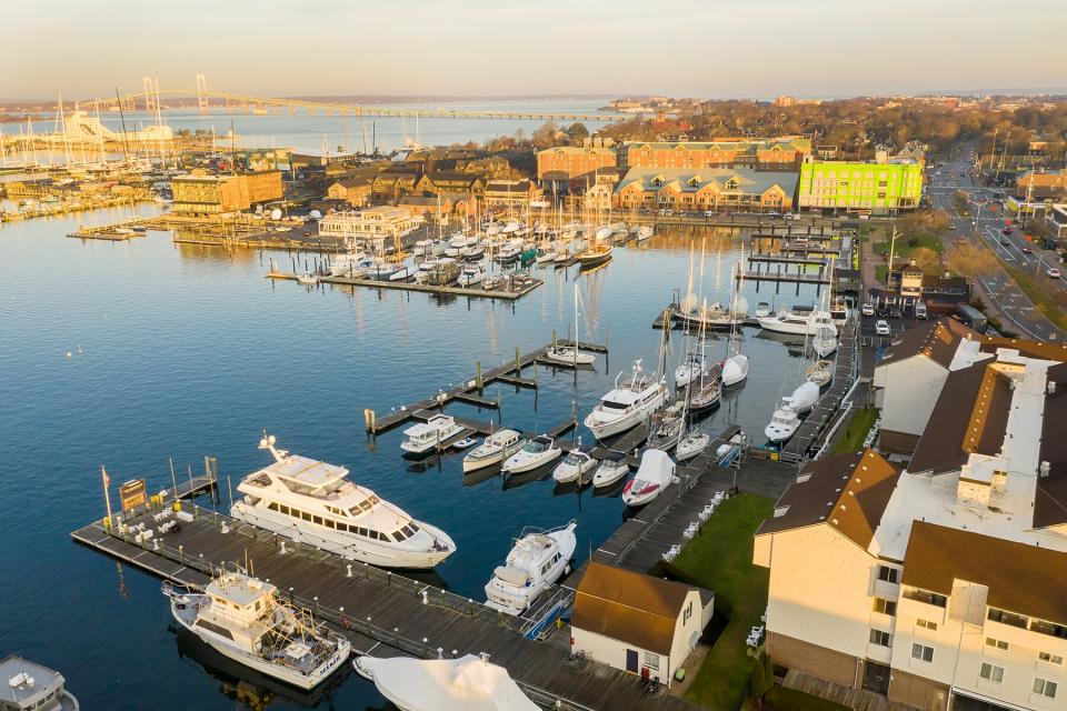 Drone aerial view of Newport Phode Island old tradition building with ocean and yatch port with street summer season