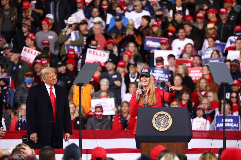 Senator Kelly Loeffler addresses a crowd as U.S. President Donald Trump hosts a campaign event with U.S. Republican Senators David Perdue and Loeffler at Valdosta Regional Airport in Valdosta, Georgia