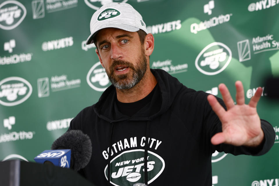 FLORHAM PARK, NEW JERSEY - JULY 26: Quarterback Aaron Rodgers #8 of the New York Jets talks to reporters after training camp at Atlantic Health Jets Training Center on July 26, 2023 in Florham Park, New Jersey. (Photo by Rich Schultz/Getty Images)