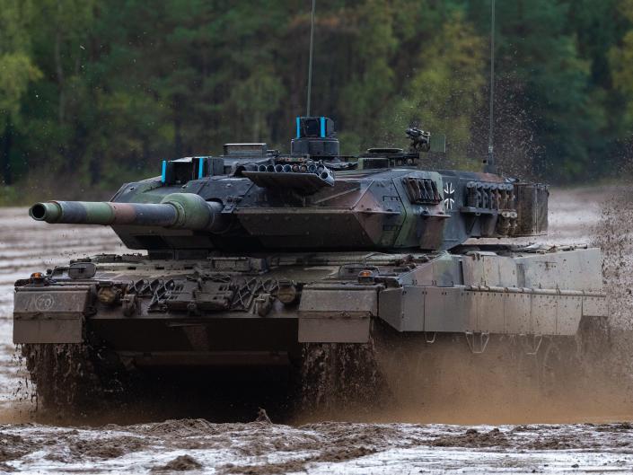 A Leopard 2A7 main battle tank of the German Armed Forces drives during a training exercise in 2019