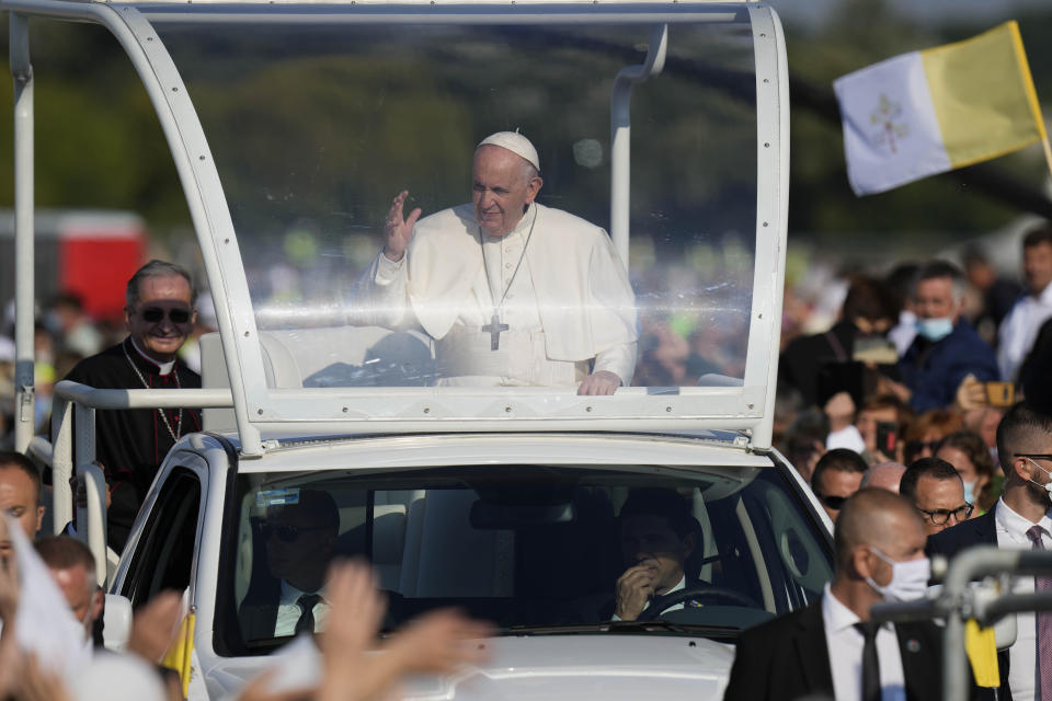 Pope Francis arrives in the esplanade of the National Shrine in Sastin, Slovakia, Wednesday, Sept. 15, 2021. Pope Francis is to hold an open air mass in Sastin, the site of an annual pilgrimage each September 15 to venerate Slovakia's patron, Our Lady of Sorrows. (AP Photo/Petr David Josek)