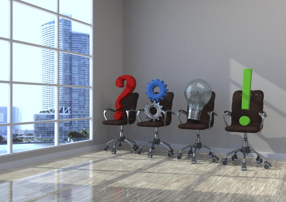 Image of a question mark, gears, a lightbulb, and an exclamation point on chairs in a waiting room.