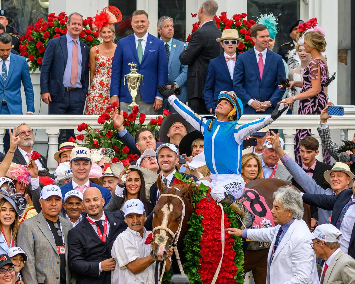 Javier Castellano celebrates in the winners circle after winning the 149th running of the Kentucky Derby on Mage at Churchill Downs in Louisville, Ky., on Saturday, May 6, 2023. ANNE M.EBERHARDT