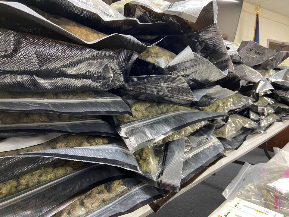 Bags of marijuana are displayed at a recent Rapides Area Drug Enforcement unit press conference. Two California men were stopped on Interstate 49 near Alexandria by RADE deputies Tuesday night with almost 100 pounds of marijuana in their car, according to the Rapides Parish Sheriff's Office.