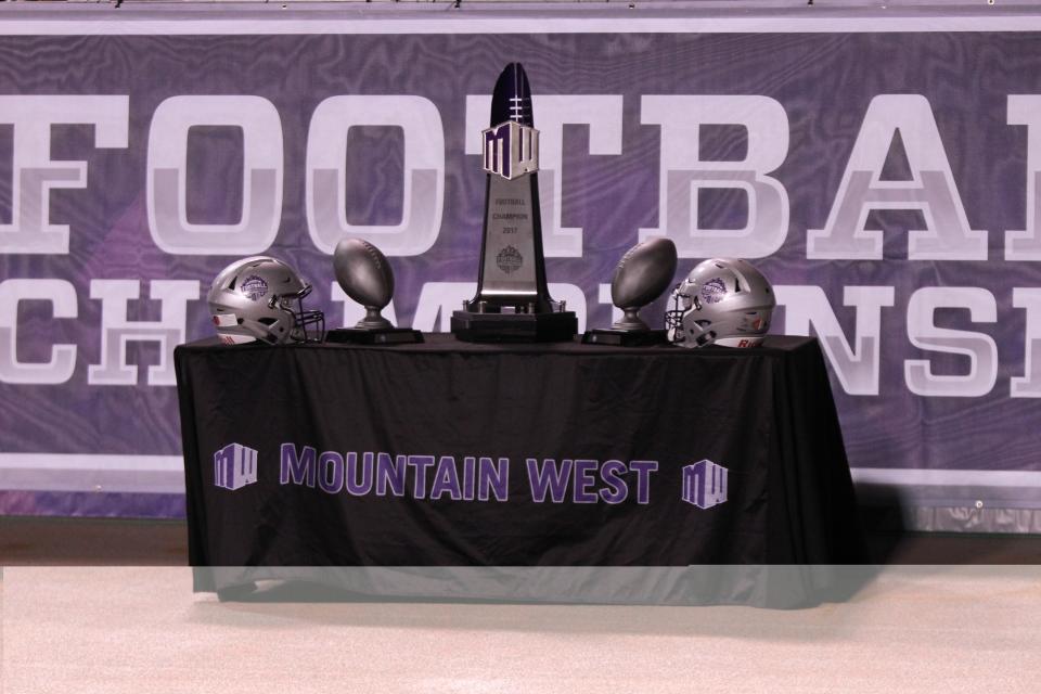 Dec. 2, 2017; Boise, Idaho; Mountain West trophies on the sideline during the second half of the Mountain West championship game against Fresno State Bulldogs at Albertsons Stadium. Boise State defeats Fresno State 17-14. Mandatory Credit: Brian Losness-USA TODAY Sports