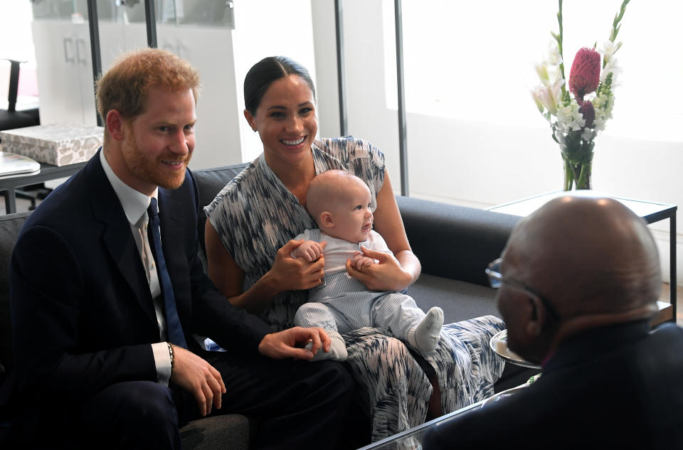 The Duke and Duchess of Sussex holding their son Archie meet with Archbishop Desmond Tutu and Mrs Tutu at their legacy foundation in cape Town, on day three of their tour of Africa.