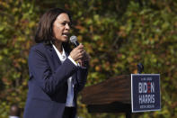 Democratic vice presidential candidate Sen. Kamala Harris, D-Calif., speaks to a group of supporters at UNC-Asheville, Wednesday, Oct. 21, 2020, in Asheville, N.C. (AP Photo/Kathy Kmonicek)