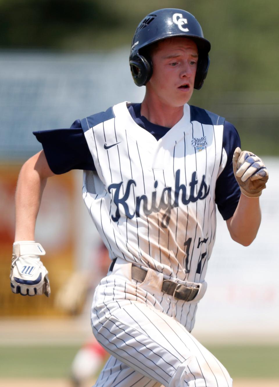 Central Catholic Knights Gavin Boutelle (17) runs to home base during the IHSAA baseball regional game against the Rossville Hornets, Saturday, June 3, 2023, at Central Catholic High School in Lafayette, Ind. Central Catholic won 9-0.