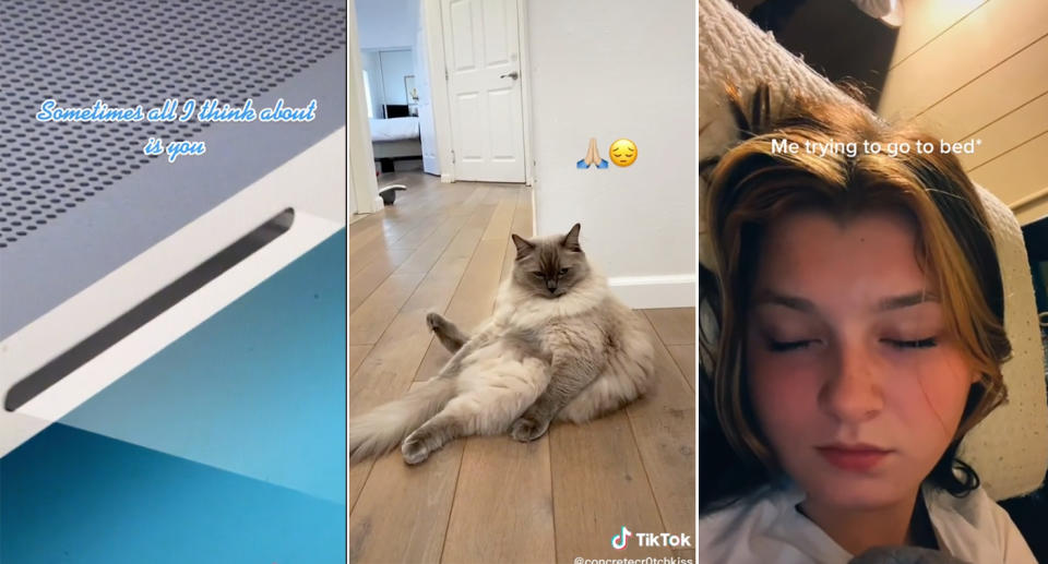 A screenshot of a series of TiKToks, L-R showing a card reader in a Macbook, a cat sitting on the floor and a woman lying down crying.