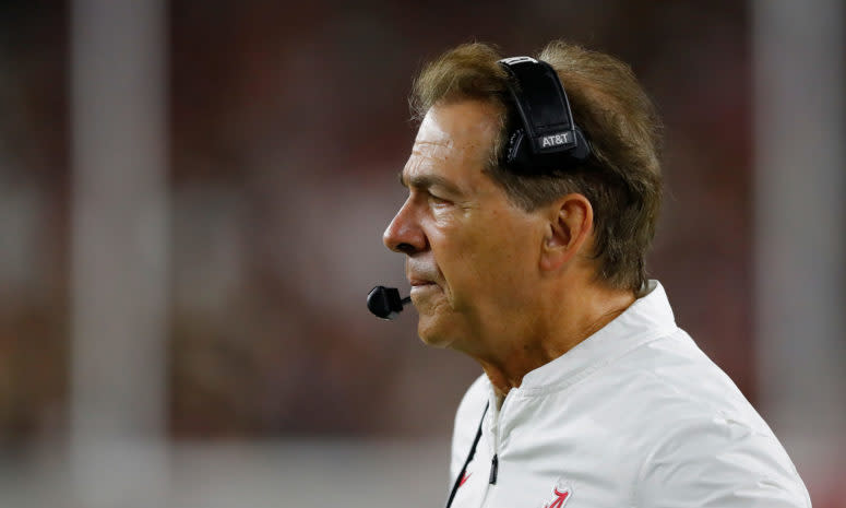 Alabama head coach Nick Saban on the sideline of a game.