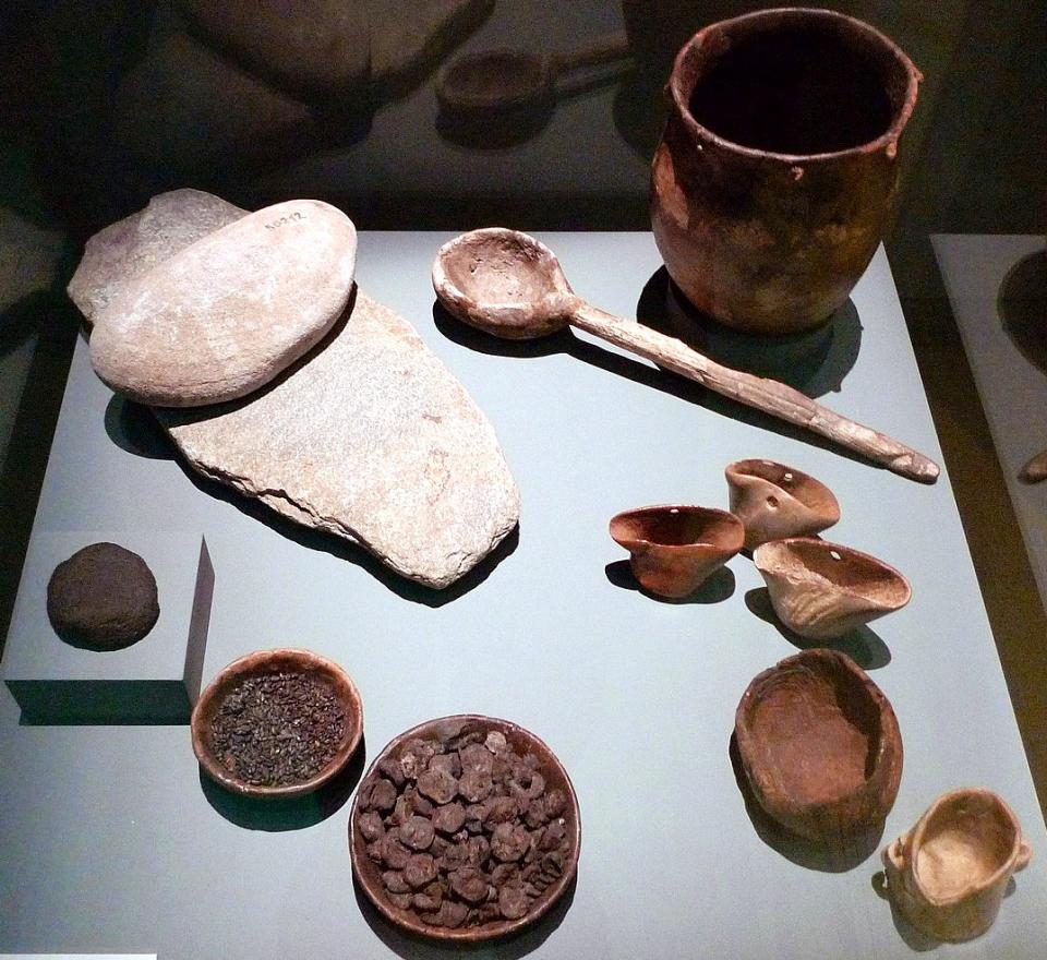Plats et ustensiles de cuisine du Néolithique, avec graines
