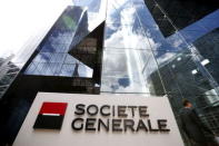 The logo of French bank Societe Generale is seen in front of the bank's headquarters in La Defense near Paris, France in this May 7, 2015 file photo. REUTERS/Charles Platiau/Files