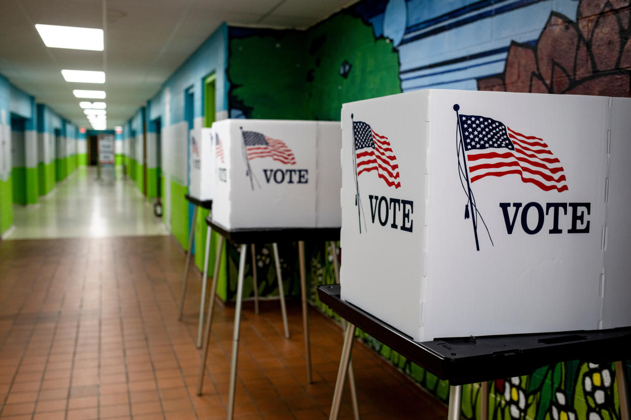 Voting booths at a polling station in Lansing, Michigan, US, on Thursday, Aug. 1, 2024.