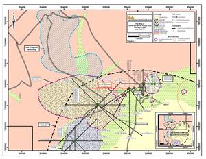 Detailed Geological Plan Map of the Santa Barbara and Central Breccia Pipe areas showing location of strong magnetic low target