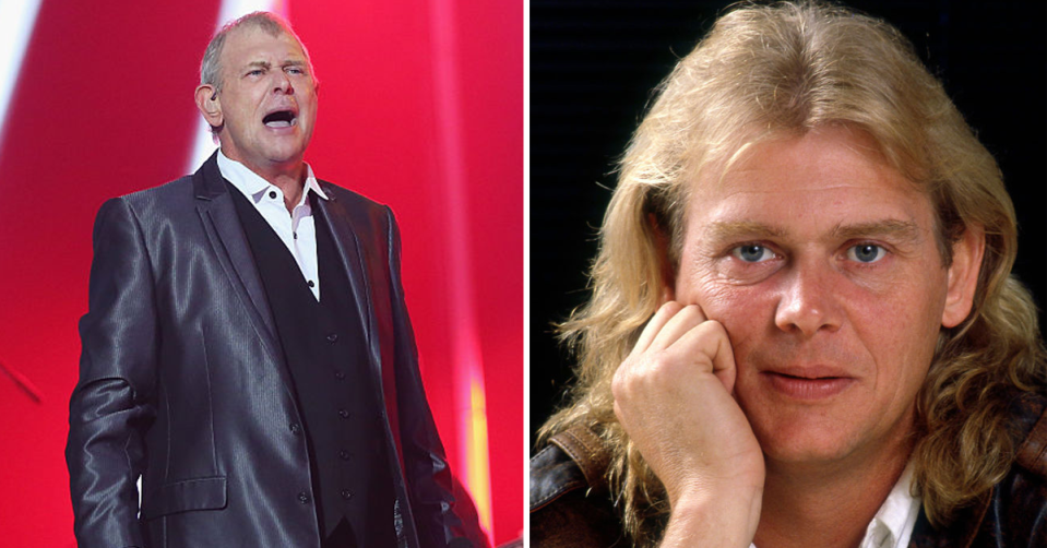 John Farnham singing on stage (left) and when he was young (right). 