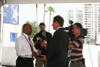 A journalist interviews Rep. Tim Scott of South Carolina outside the forum at the Republican National Convention on Monday, Aug. 27, 2012. (Torrey AndersonSchoepe/Yahoo! News)