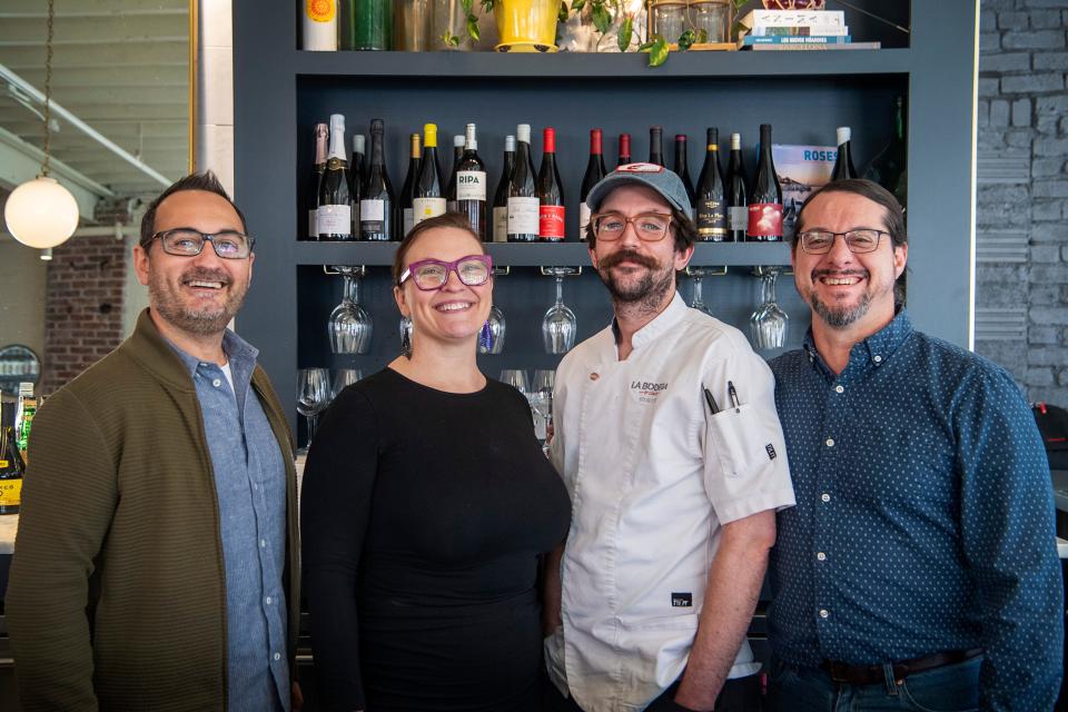 From left, Felix Meana, co-founder of Katie Button Restaurants, Jessica Salyer, wine director and front of house manager at La Bodega, James Jeffries, chef de cuisine, and Nathan Lanham, restaurant operations manager.