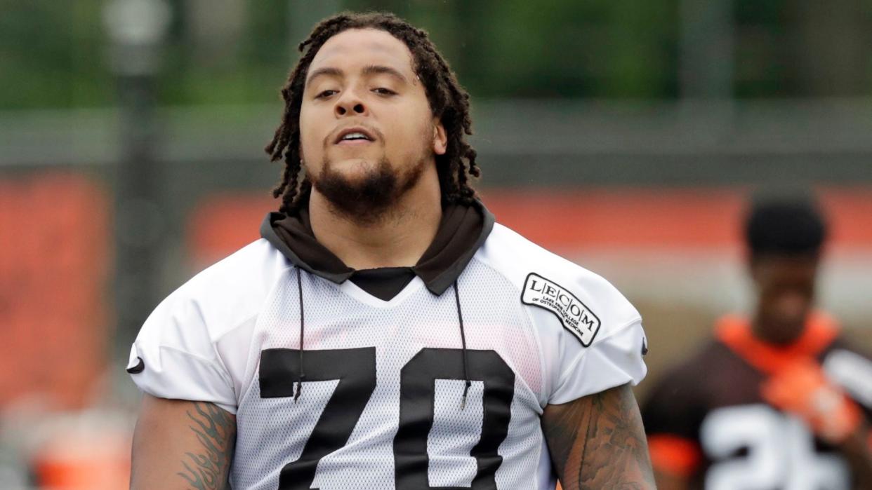 Cleveland Browns tackle Kendall Lamm walks off the field after an NFL football organized team activity session at the team's training facility, in Berea, OhioBrowns Football, Berea, USA - 30 May 2019.