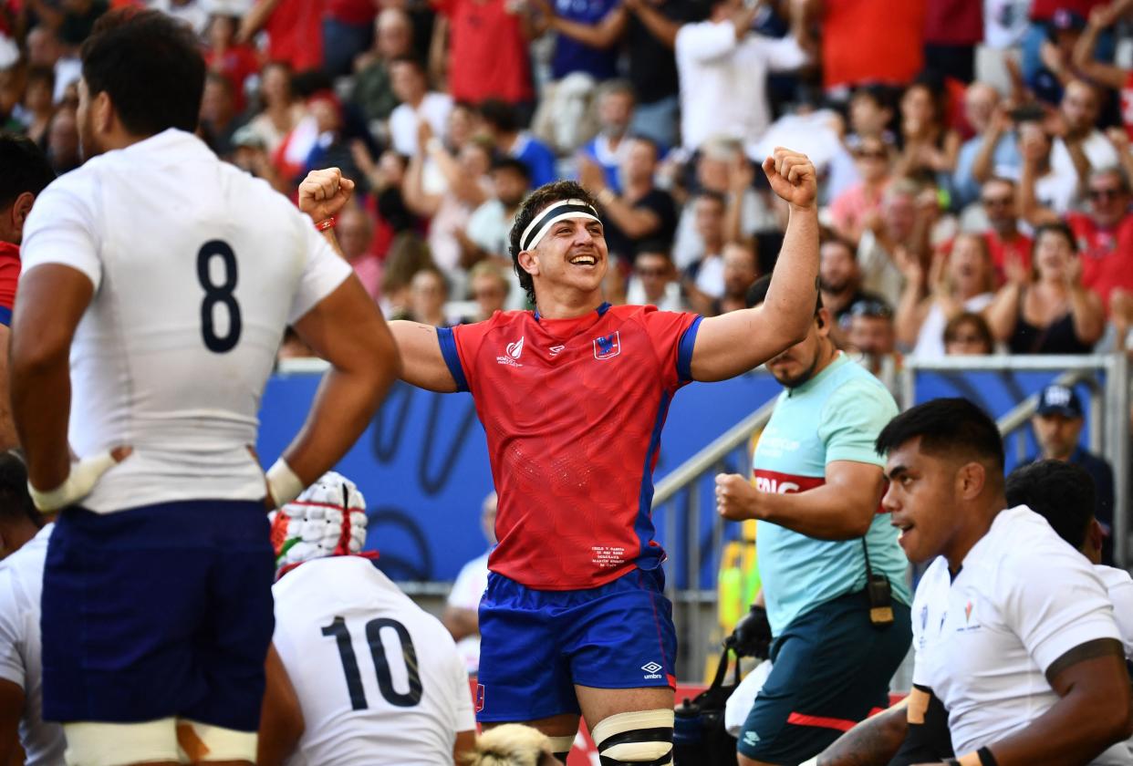 Chile's blindside flanker Martin Sigren celebrates a try against Samoa (AFP via Getty Images)