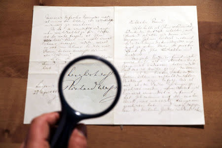 A letter handwritten by composer Richard Wagner in 1869 is seen before it is sold at an auction in Jerusalem, April 24, 2018. REUTERS/Ammar Awad