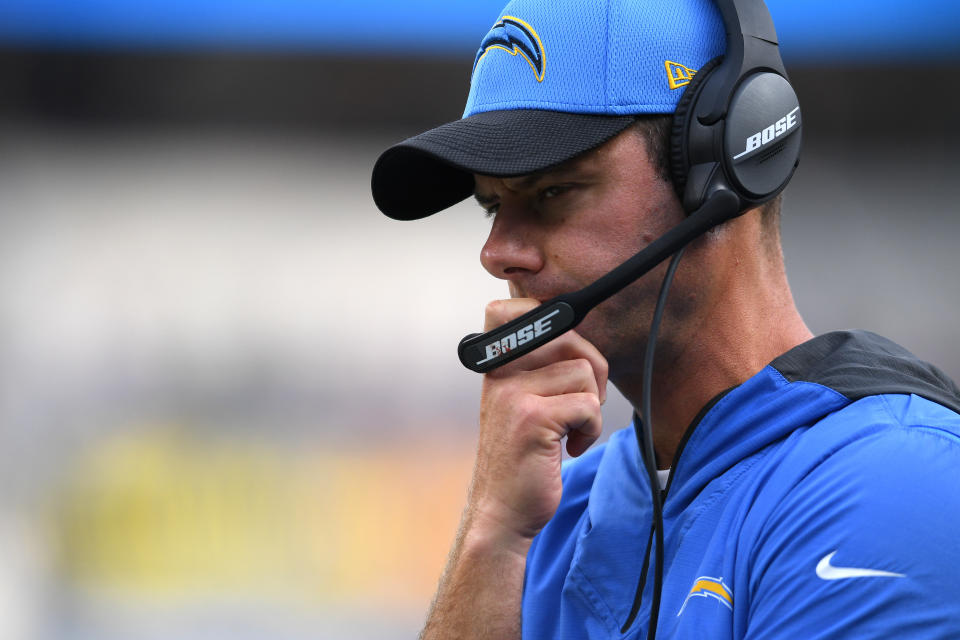 Oct 31, 2021; Inglewood, California, USA; Los Angeles Chargers head coach Brandon Staley looks on from the sideline during the second half against the New England Patriots at SoFi Stadium. Mandatory Credit: Orlando Ramirez-USA TODAY Sports