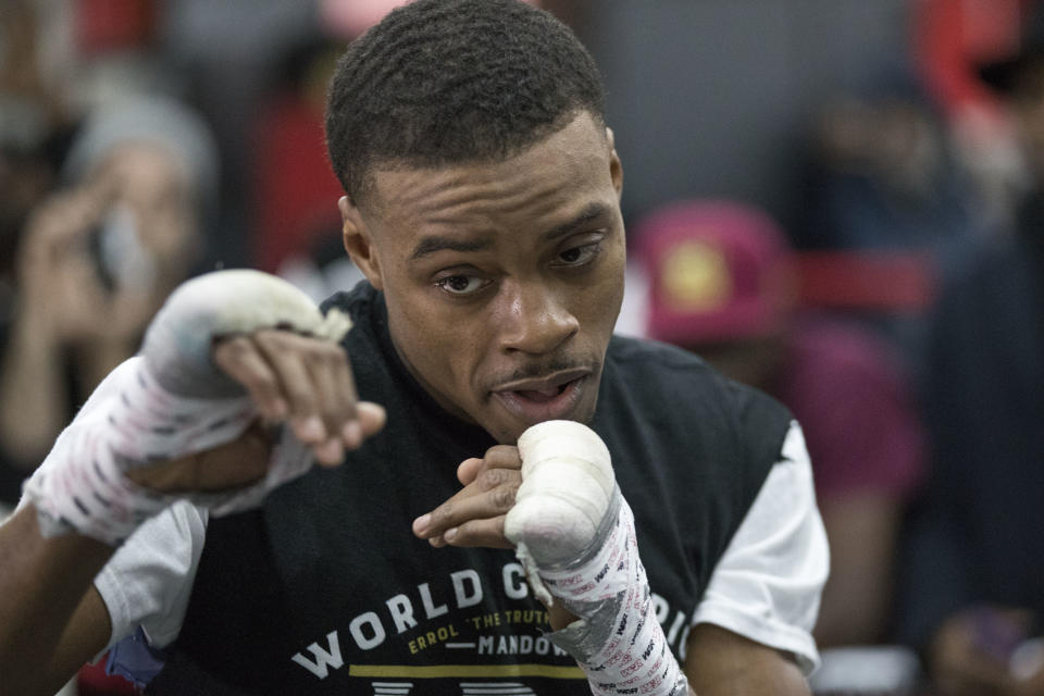 Errol Spence Jr. warms up during a work out at Gleason's Gym, Wednesday, Jan. 17, 2018, in the Brooklyn borough of New York. Spence is slated to defend his IBF welterweight title against Lamont Peterson on Saturday in Brooklyn.(AP Photo/Mary Altaffer)