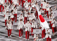 <p>TOKYO, JAPAN JULY 23, 2021: Delegation from Japan takes part in the Parade of Nations at the opening ceremony of the Tokyo 2020 Summer Olympic Games at the National Stadium. Tokyo was to host the 2020 Summer Olympics from 24 July to 9 August 2020, however because of the COVID-19 pandemic the games have been postponed for a year and are due to take place from 23 July to 8 August 2021. Stanislav Krasilnikov/TASS (Photo by Stanislav Krasilnikov\TASS via Getty Images)</p> 