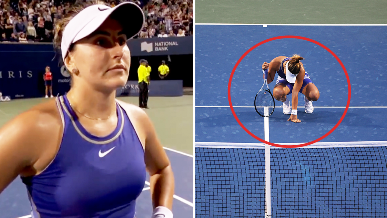 Bianca Andreescu (pictured left) during an on-court interview and (pictured right) leaning over after a tennis point.