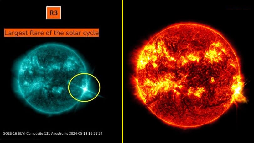  A composite image of the May 14 solar flare taken by the GOES-16 satellite (left) and NASA's Solar Dynamic Observatory (right) . 