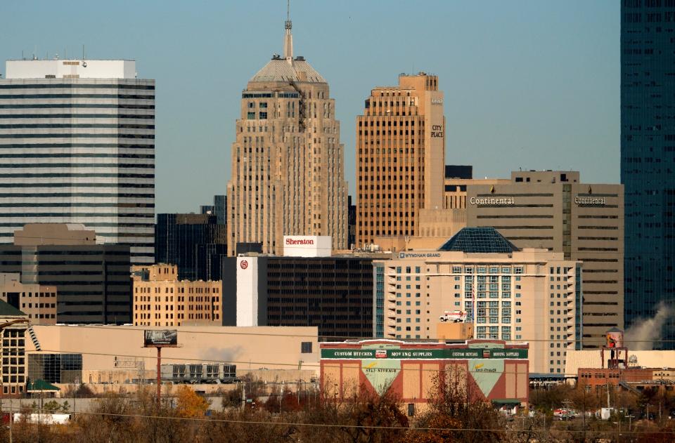 The Boardwalk at Bricktown and Legends Tower, if built, would rise up in front of the U-Haul storage building, lower right of photo, and would dramatically alter the downtown Oklahoma City skyline.