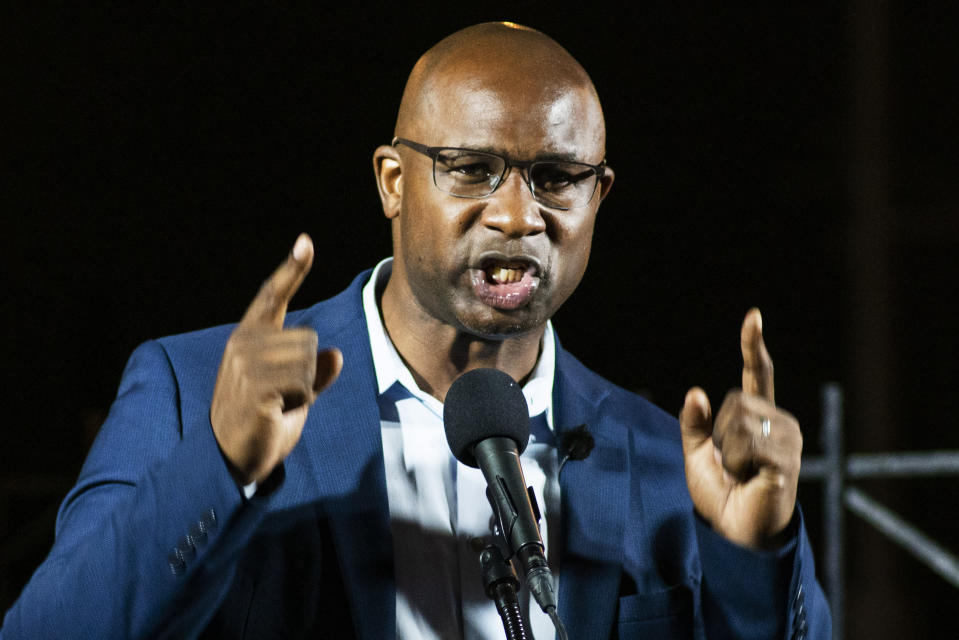 Jamaal Bowman, who is running against Rep. Eliot Engel, D-N.Y., speaks during his primary-night party Tuesday, June. 23, 2020, in New York. (AP Photo/Eduardo Munoz Alvarez)