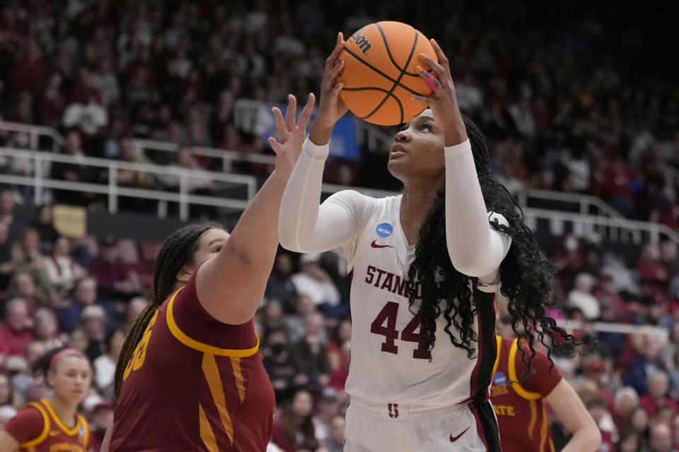 Stanford forward Kiki Iriafen (44) shoots against Iowa State center Audi Crooks during the second half of a second-round college basketball game in the women's NCAA Tournament in Stanford, Calif., Sunday, March 24, 2024. (AP Photo/Jeff Chiu)