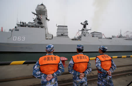 The Indian Navy warship INS Kolkata arrives at Qingdao Port for the 70th anniversary celebrations of the founding of the Chinese People's Liberation Army Navy (PLAN), in Qingdao, China, April 21, 2019. REUTERS/Jason Lee