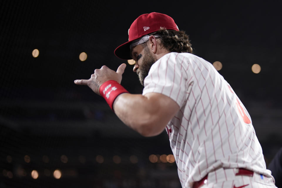 Philadelphia Phillies' Bryce Harper reacts after the Phillies won a baseball game against the Toronto Blue Jays, Tuesday, May 7, 2024, in Philadelphia. (AP Photo/Matt Slocum)