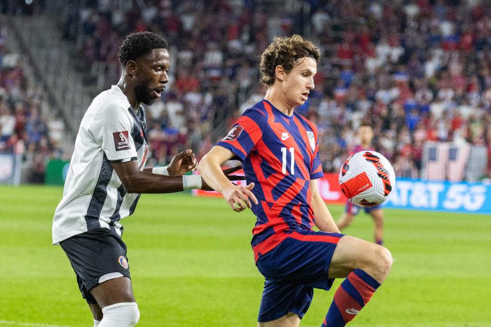 Brenden Aaronson (11) controls the ball during the USMNT's win over Costa Rica at Lower.com Field in Columbus on Wednesday night.