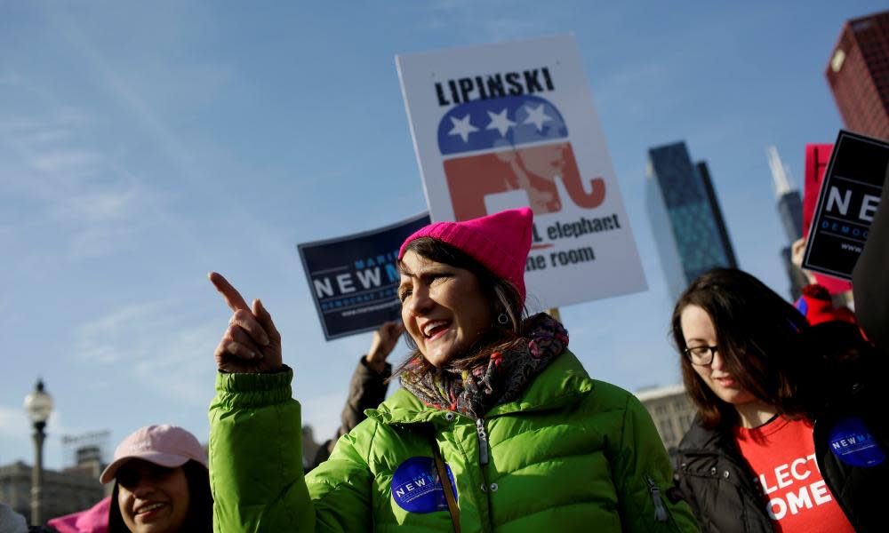 Marie Newman, a candidate for Illinois’ third congressional district, at the Women’s March in Chicago. Newman and Lipinski are currently locked in a tight race. 