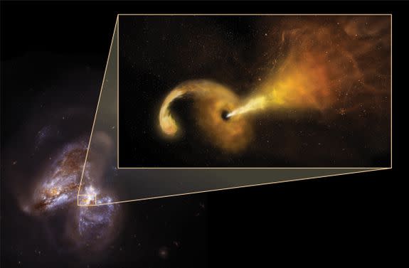 Artist's rendering of a tidal disruption event (TDE) that happens when a star passes fatally close to a supermassive black hole, which reacts by launching a relativistic jet. It zooms out of the central region of its host galaxy, Arp299B, which is undergoing a merging process with Arp299A (the galaxy to the left).