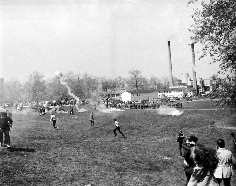 <em>FILE – A general view shows tear gas and students during an anti-Vietnam war protest at Kent State University in Kent Ohio, May 4, 1970. U.S. National Guardsmen opened fire during the protests killing four students and wounding five. (AP Photo/Larry Stoddard, File)</em>