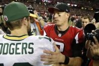 Jan 22, 2017; Atlanta, GA, USA; Atlanta Falcons quarterback Matt Ryan (2) hugs Green Bay Packers quarterback Aaron Rodgers (12) after the 2017 NFC Championship Game at the Georgia Dome. Atlanta won 44-21. Mandatory Credit: Brett Davis-USA TODAY Sports