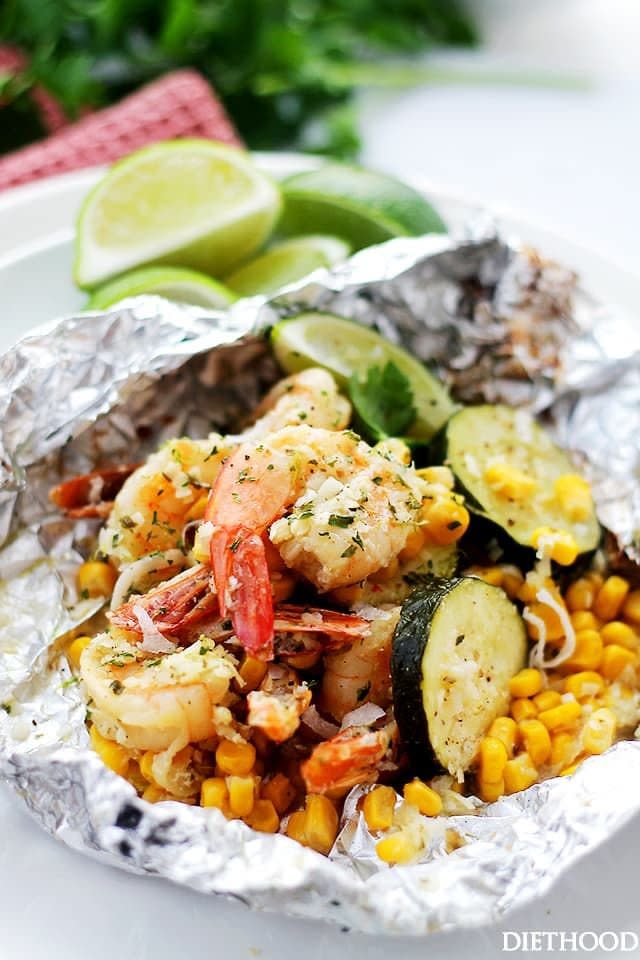 Grilled Coconut Lime Shrimp and Summer Veggies in Foil